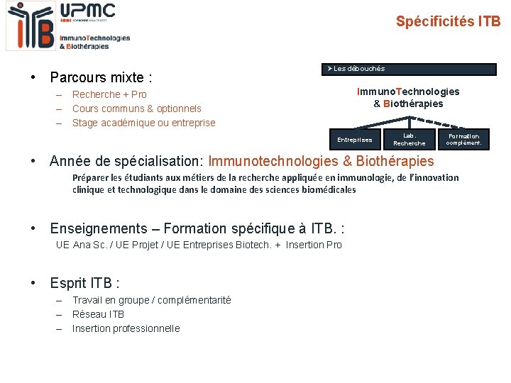 Spécificités ITB • Parcours mixte : ØLes débouchés Immuno. Technologies & Biothérapies – Recherche