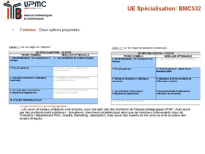 UE Spécialisation: BMC 532 • Contenu: Deux options proposées: • Organisation pédagogique: - Les