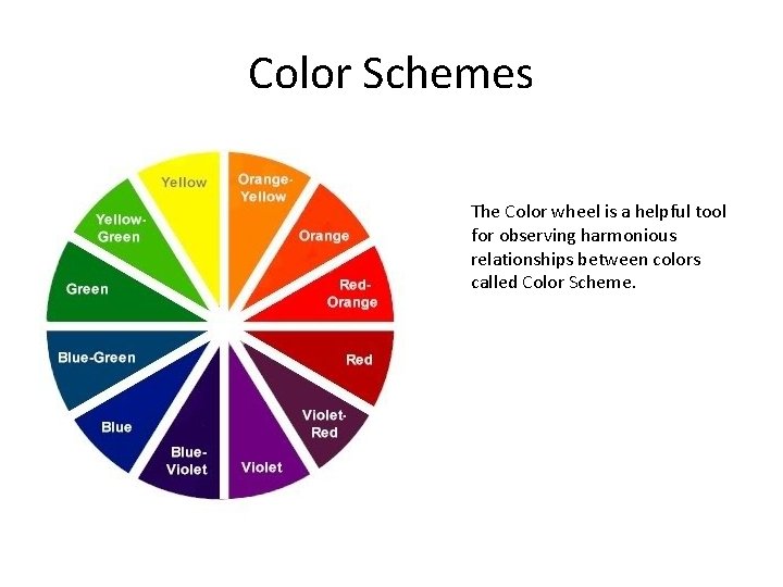 Color Schemes The Color wheel is a helpful tool for observing harmonious relationships between