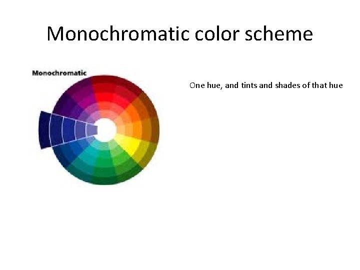 Monochromatic color scheme One hue, and tints and shades of that hue 