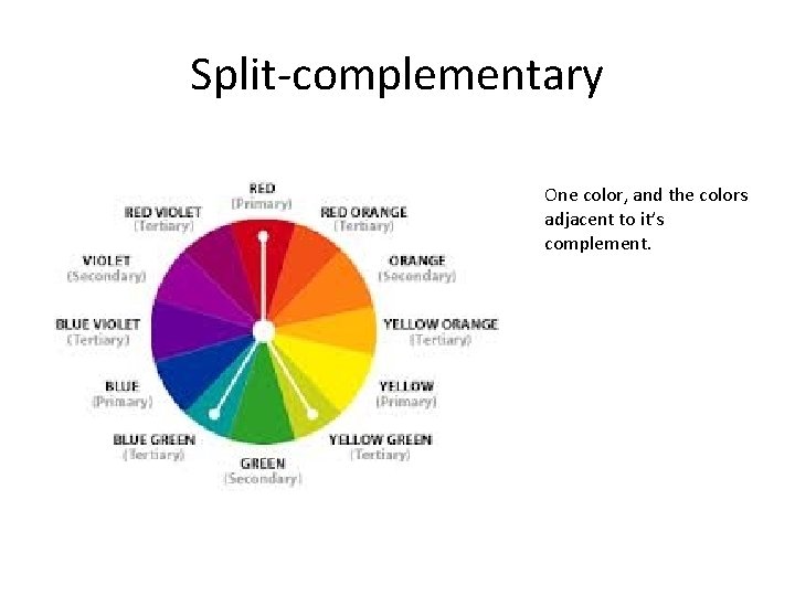 Split-complementary One color, and the colors adjacent to it’s complement. 