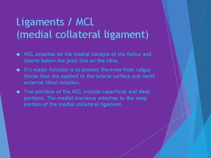 Ligaments / MCL (medial collateral ligament) MCL attaches on the medial condyle of the