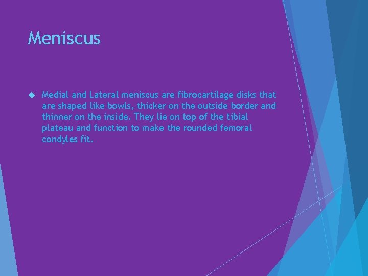 Meniscus Medial and Lateral meniscus are fibrocartilage disks that are shaped like bowls, thicker