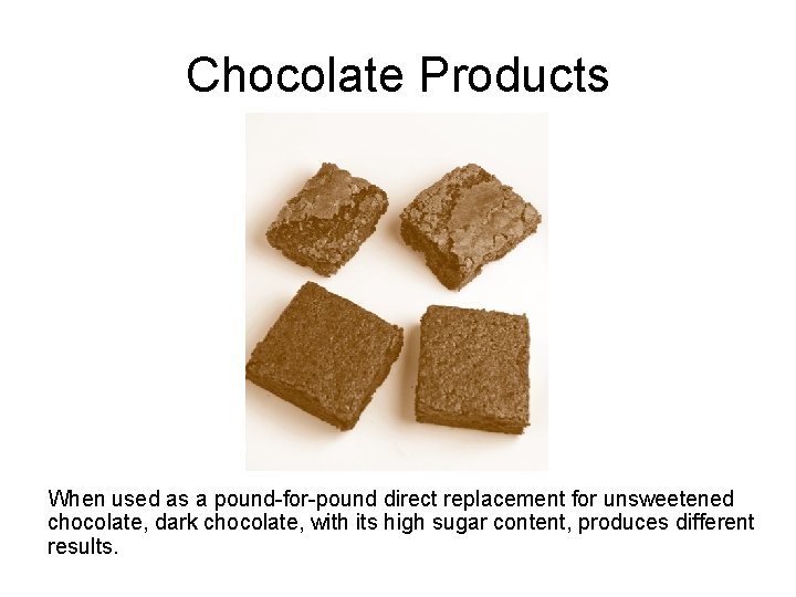 Chocolate Products When used as a pound-for-pound direct replacement for unsweetened chocolate, dark chocolate,