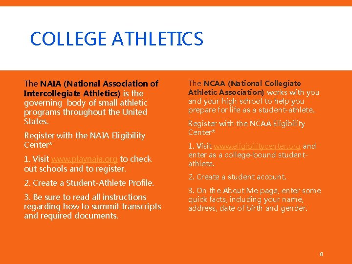 COLLEGE ATHLETICS The NAIA (National Association of Intercollegiate Athletics) is the governing body of