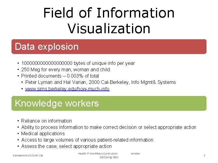 Field of Information Visualization Data explosion • 1000000000 bytes of unique info per year