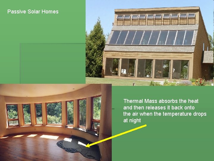 Passive Solar Homes Thermal Mass absorbs the heat and then releases it back onto