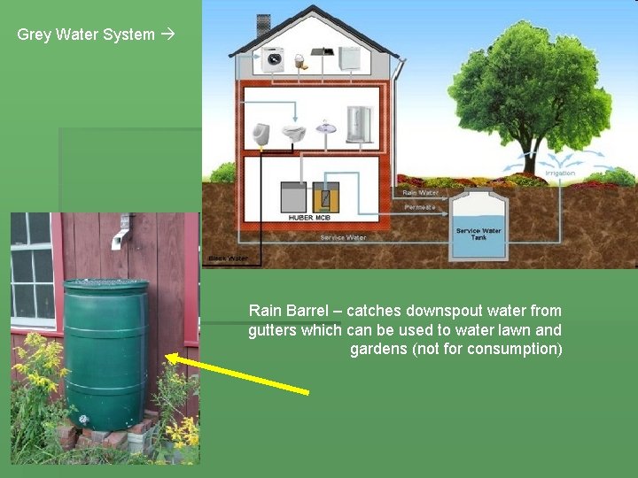 Grey Water System Rain Barrel – catches downspout water from gutters which can be