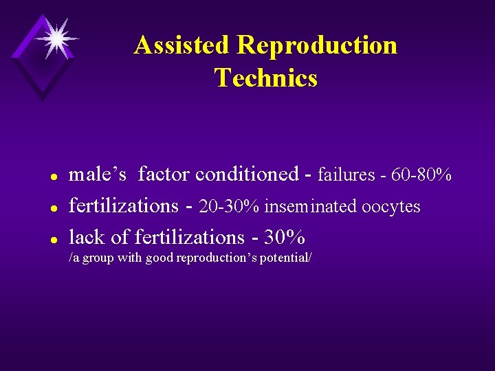 Assisted Reproduction Technics l l l male’s factor conditioned - failures - 60 -80%