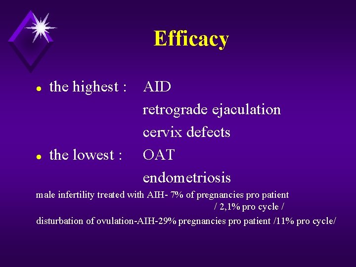 Efficacy l the highest : l the lowest : AID retrograde ejaculation cervix defects