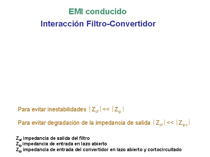 EMI conducido Interacción Filtro-Convertidor Para evitar inestabilidades Zof << Zip Para evitar degradación de