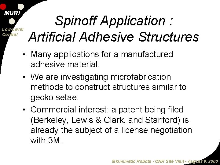 MURI Low-Level Control Spinoff Application : Artificial Adhesive Structures • Many applications for a