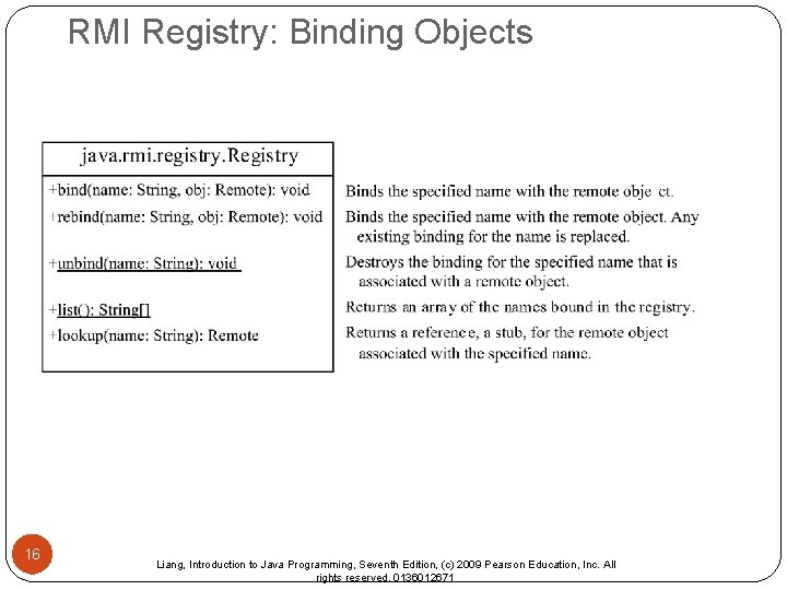 RMI Registry: Binding Objects 16 Liang, Introduction to Java Programming, Seventh Edition, (c) 2009