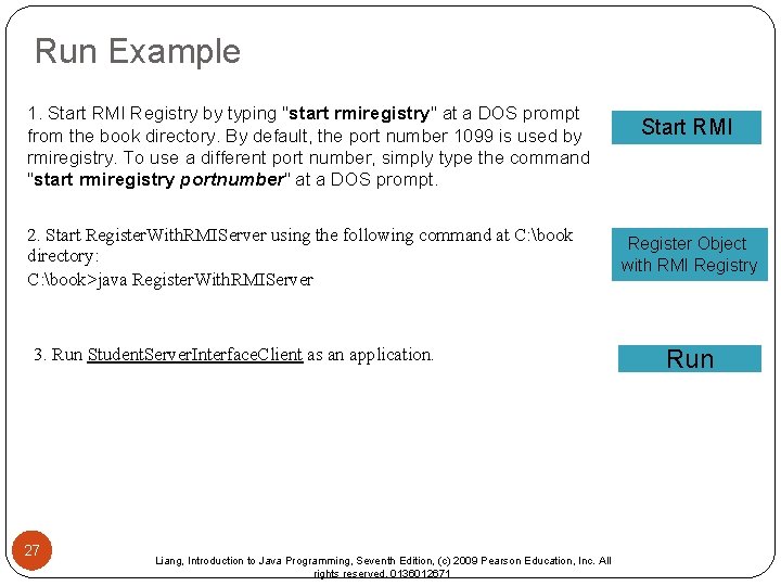 Run Example 1. Start RMI Registry by typing "start rmiregistry" at a DOS prompt Run Example 1. Start RMI Registry by typing "start rmiregistry" at a DOS prompt