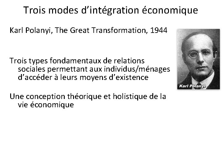 Trois modes d’intégration économique Karl Polanyi, The Great Transformation, 1944 Trois types fondamentaux de