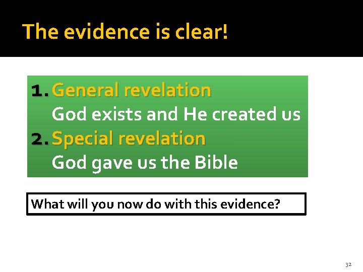 The evidence is clear! 1. General revelation God exists and He created us 2.