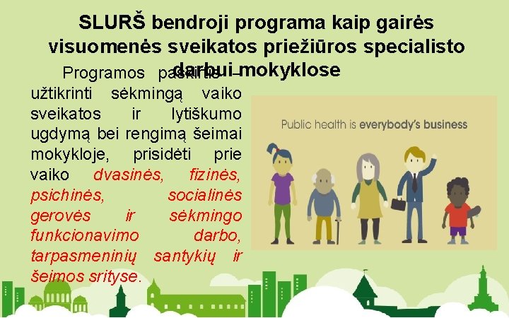 SLURŠ bendroji programa kaip gairės visuomenės sveikatos priežiūros specialisto darbui–mokyklose Programos paskirtis užtikrinti sėkmingą