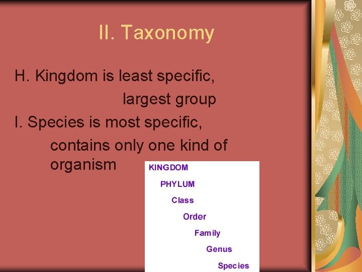 II. Taxonomy H. Kingdom is least specific, largest group I. Species is most specific,