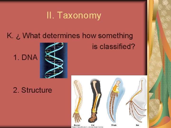 II. Taxonomy K. ¿ What determines how something is classified? 1. DNA 2. Structure