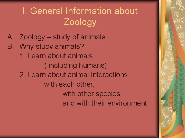 I. General Information about Zoology A. Zoology = study of animals B. Why study