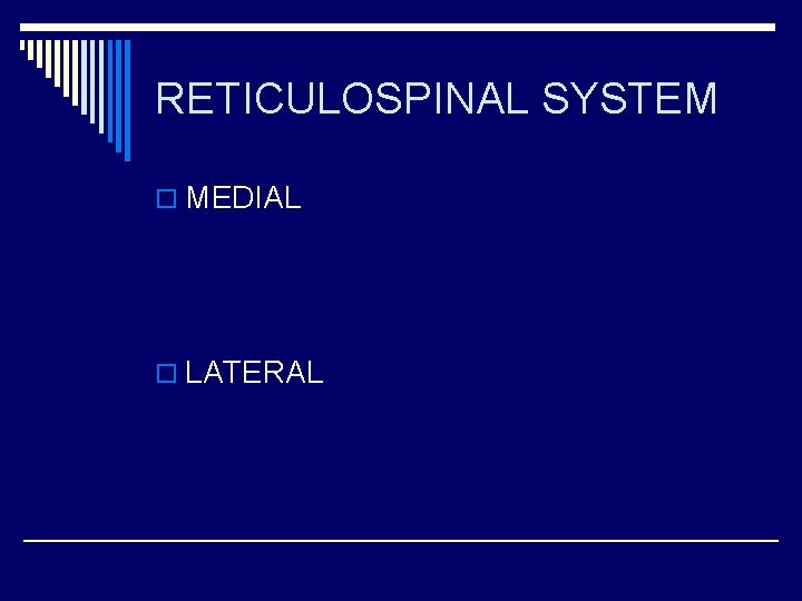 RETICULOSPINAL SYSTEM o MEDIAL o LATERAL 
