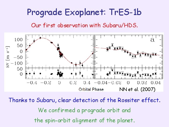 Prograde Exoplanet: Tr. ES-1 b Our first observation with Subaru/HDS. NN et al. (2007)