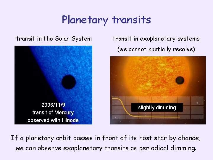 Planetary transits transit in the Solar System transit in exoplanetary systems (we cannot spatially