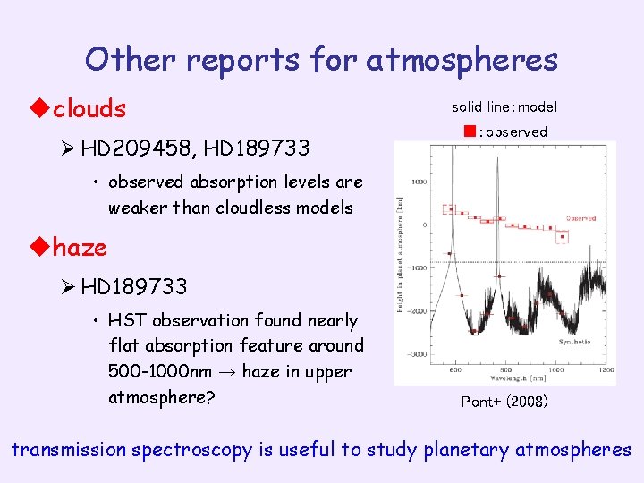Other reports for atmospheres uclouds Ø HD 209458, HD 189733 solid line：model ■：observed •