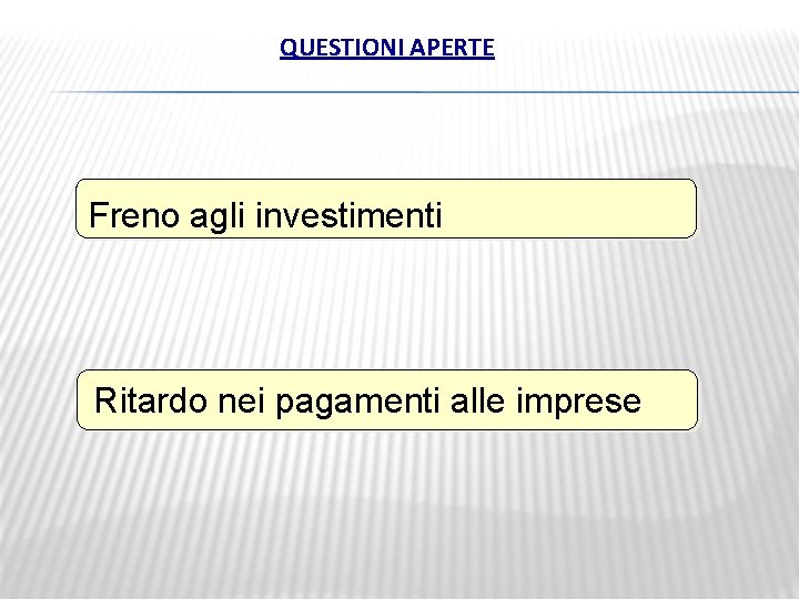 QUESTIONI APERTE Freno agli investimenti Ritardo nei pagamenti alle imprese 