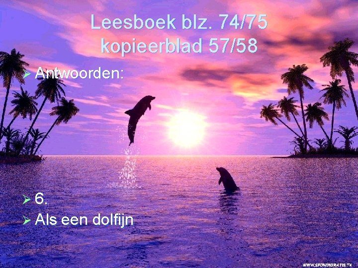 Leesboek blz. 74/75 kopieerblad 57/58 Ø Antwoorden: Ø 6. Ø Als een dolfijn Leesboek blz. 74/75 kopieerblad 57/58 Ø Antwoorden: Ø 6. Ø Als een dolfijn