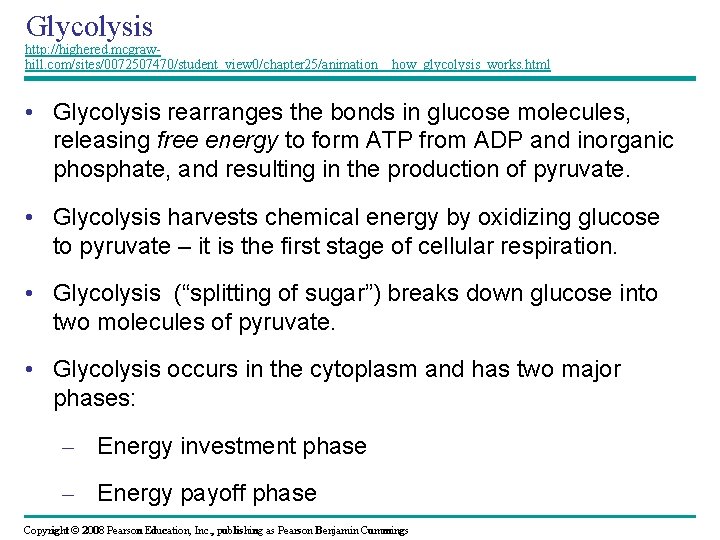 Glycolysis http: //highered. mcgrawhill. com/sites/0072507470/student_view 0/chapter 25/animation__how_glycolysis_works. html • Glycolysis rearranges the bonds in