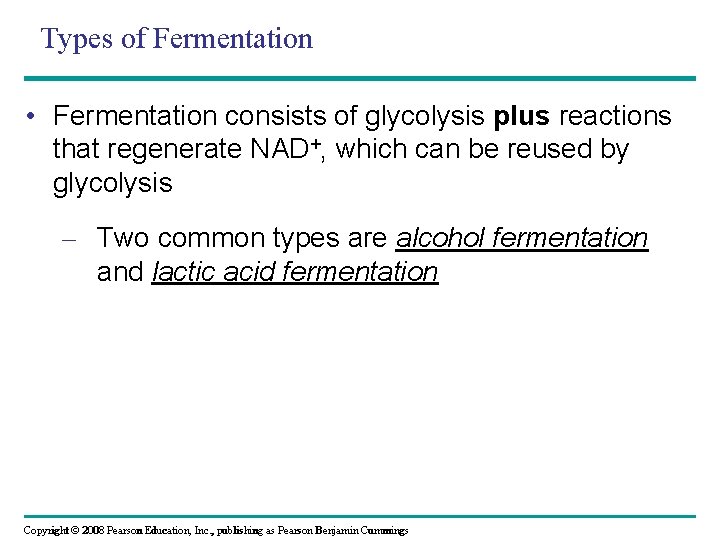 Types of Fermentation • Fermentation consists of glycolysis plus reactions that regenerate NAD+, which