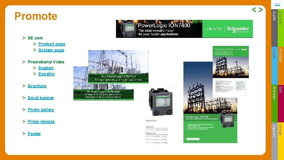 TOC Discover Install Promote Maintain Sell Support Design SE. com Product page System page