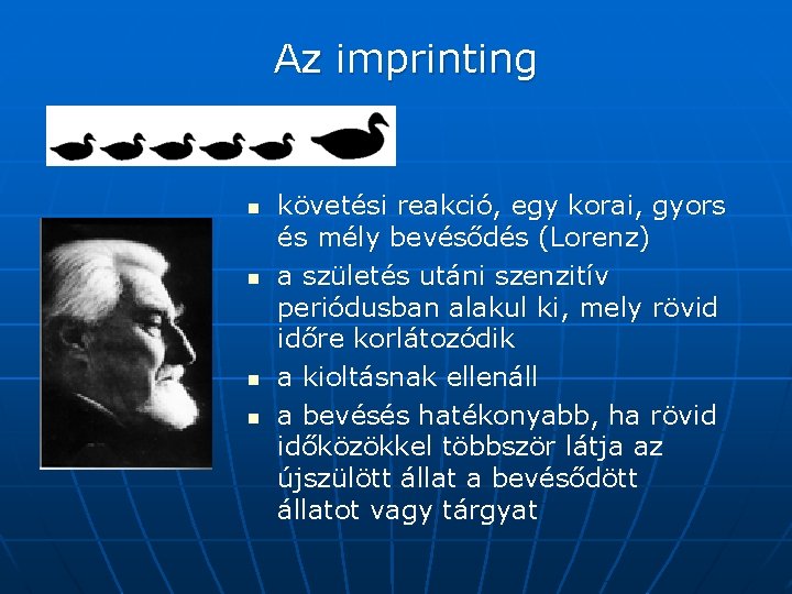 Az imprinting n n követési reakció, egy korai, gyors és mély bevésődés (Lorenz) a