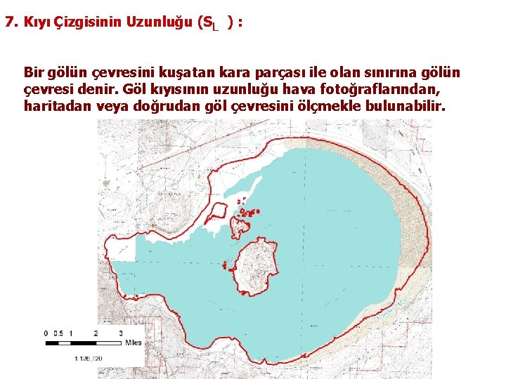 7. Kıyı Çizgisinin Uzunluğu (SL ) : Bir gölün çevresini kuşatan kara parçası ile