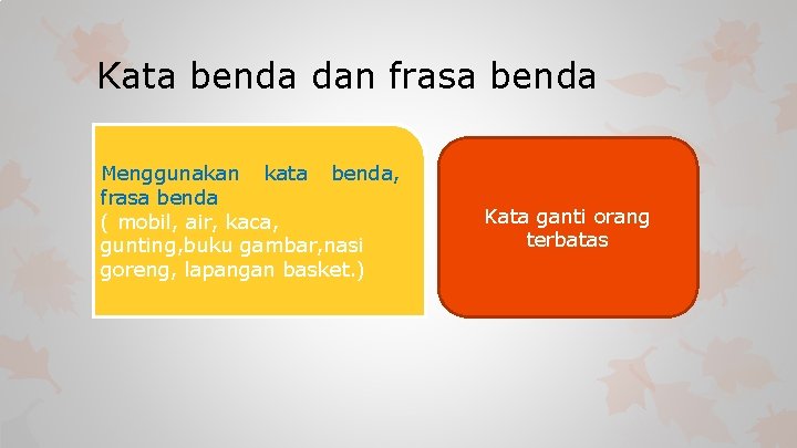 Kata benda dan frasa benda Menggunakan kata benda, frasa benda ( mobil, air, kaca,