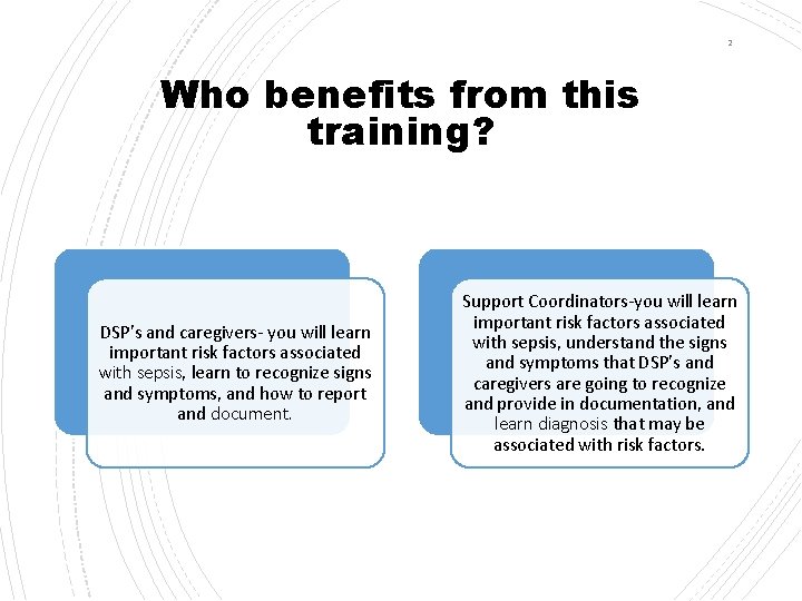 2 Who benefits from this training? DSP's and caregivers- you will learn important risk