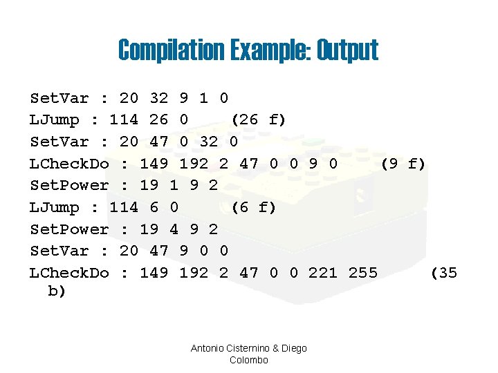 Compilation Example: Output Set. Var : 20 32 9 1 0 LJump : 114