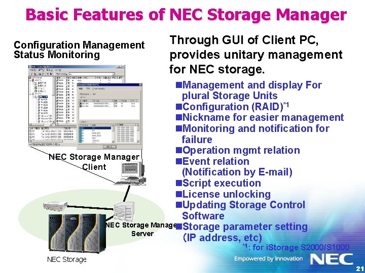 Basic Features of NEC Storage Manager Configuration Management Status Monitoring Through GUI of Client