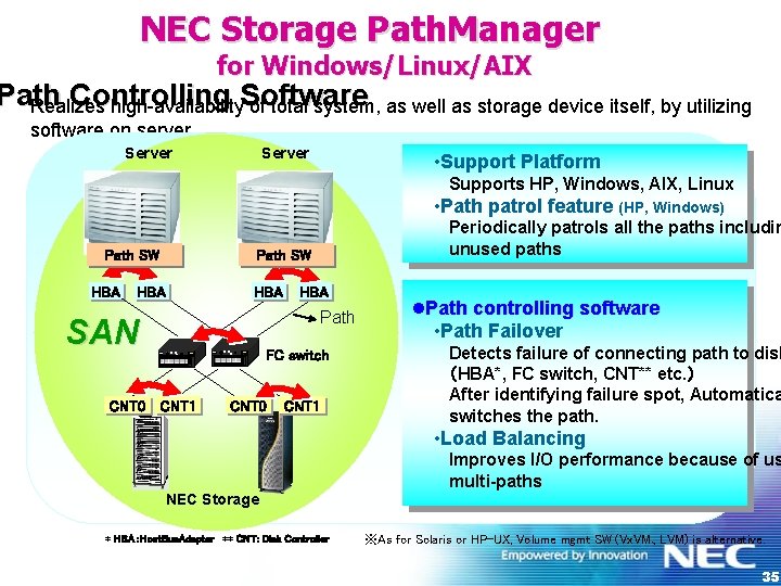 NEC Storage Path. Manager for Windows/Linux/AIX Path Controlling Realizes high-availability. Software of total system,