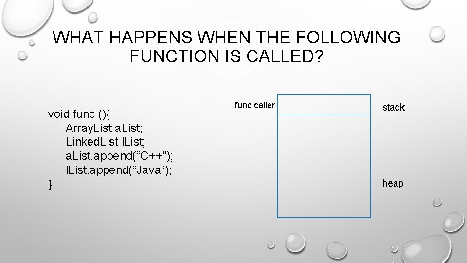 WHAT HAPPENS WHEN THE FOLLOWING FUNCTION IS CALLED? void func (){ Array. List a. WHAT HAPPENS WHEN THE FOLLOWING FUNCTION IS CALLED? void func (){ Array. List a.