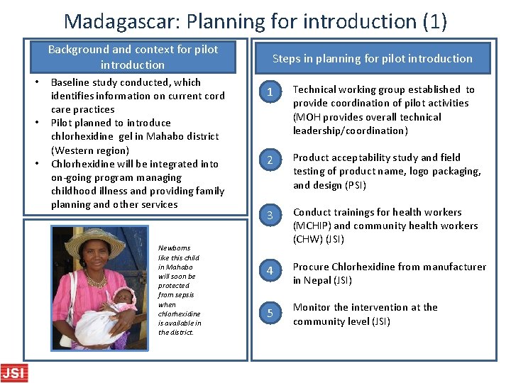 Madagascar: Planning for introduction (1) Background and context for pilot introduction • • •