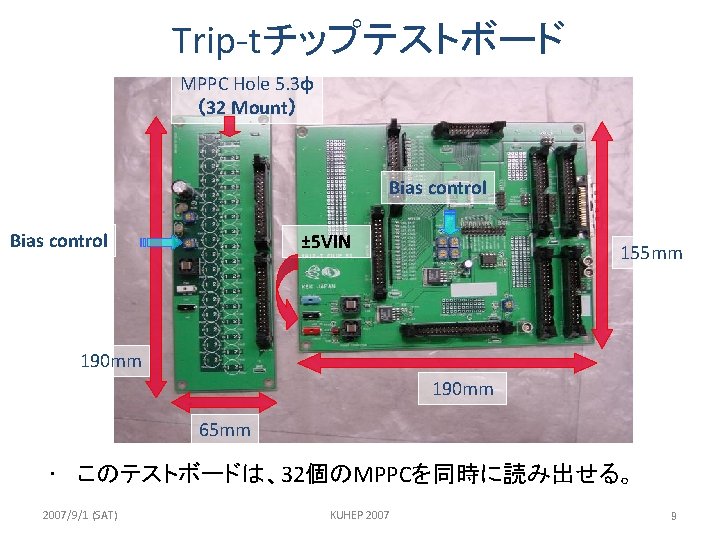 Trip-tチップテストボード MPPC Hole 5. 3φ （32 Mount） Bias control ± 5 VIN 155 mm