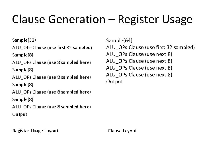 Clause Generation – Register Usage Sample(32) ALU_OPs Clause (use first 32 sampled) Sample(8) ALU_OPs