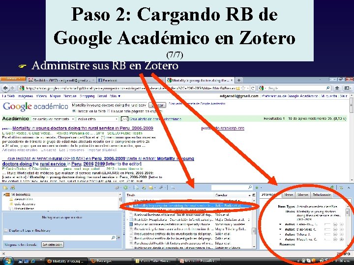 Paso 2: Cargando RB de Google Académico en Zotero (7/7) F Administre sus RB