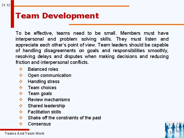 21 -12 Team Development To be effective, teams need to be small. Members must