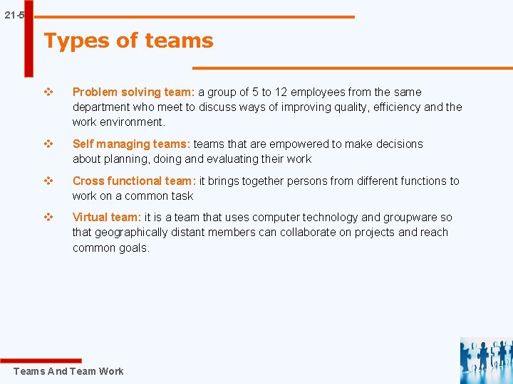 21 -5 Types of teams v Problem solving team: a group of 5 to