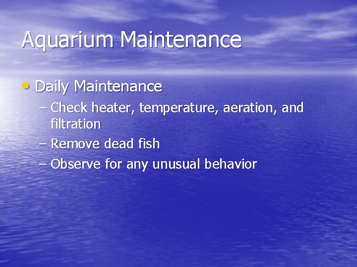 Aquarium Maintenance • Daily Maintenance – Check heater, temperature, aeration, and filtration – Remove