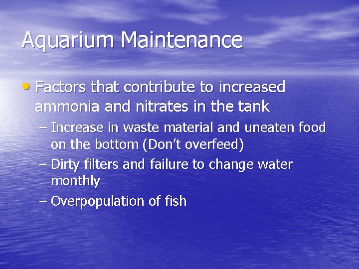 Aquarium Maintenance • Factors that contribute to increased ammonia and nitrates in the tank