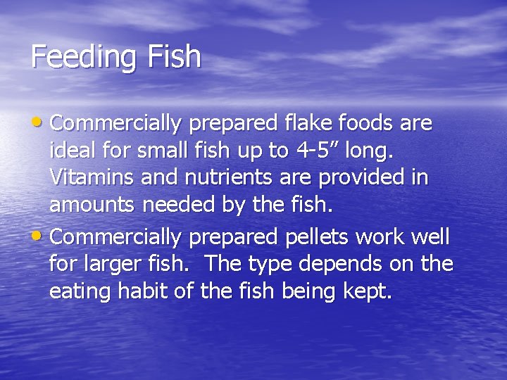 Feeding Fish • Commercially prepared flake foods are ideal for small fish up to